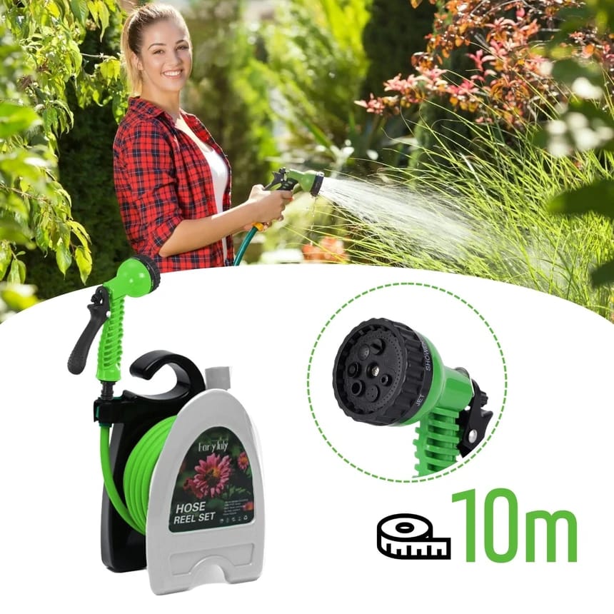 A Woman is Watering Plants Using Garden Hose Reel Pipe.