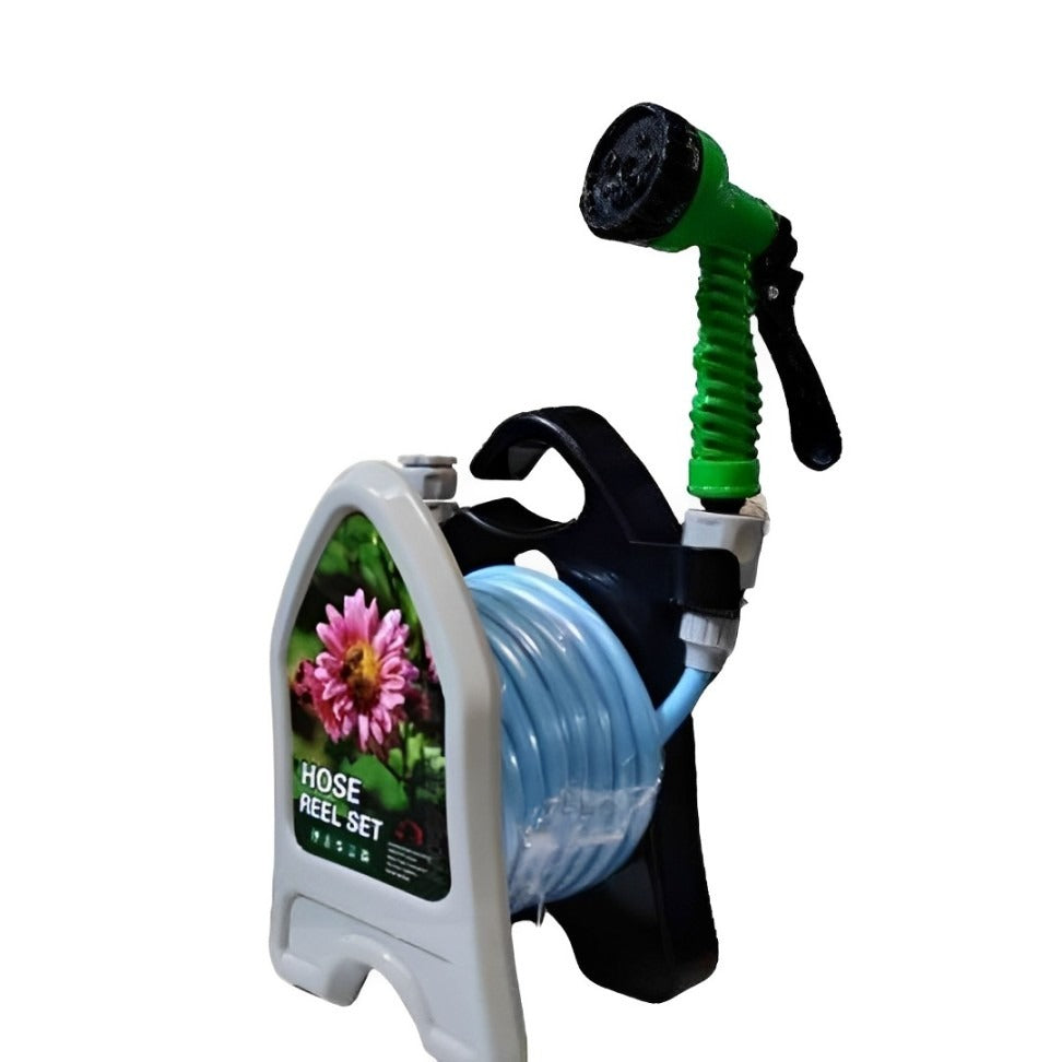 Garden Hose Reel Pipe with Spray Gun in Blue Color.