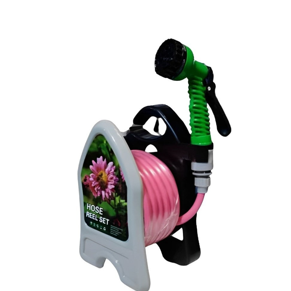 Garden Hose Reel Pipe with Spray Gunin Pink Color.