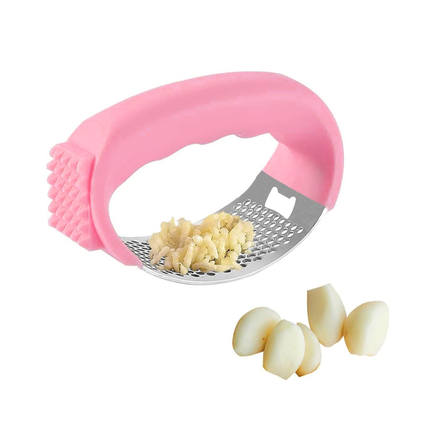 Stainless Steel Garlic Press with Comfortable Grip in pink color