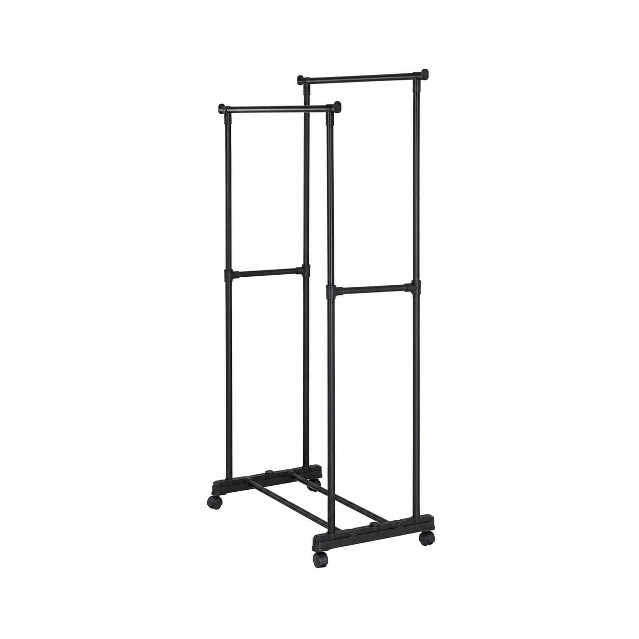 A black metal rolling garment rack with multiple adjustable bars and caster wheels, shown on a plain white background.