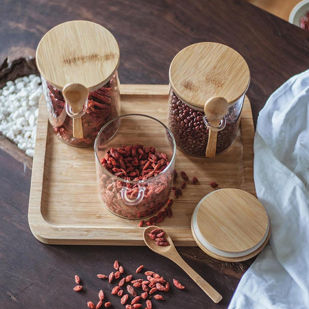 Glass Food Storage Jars are filled with Various Spices.