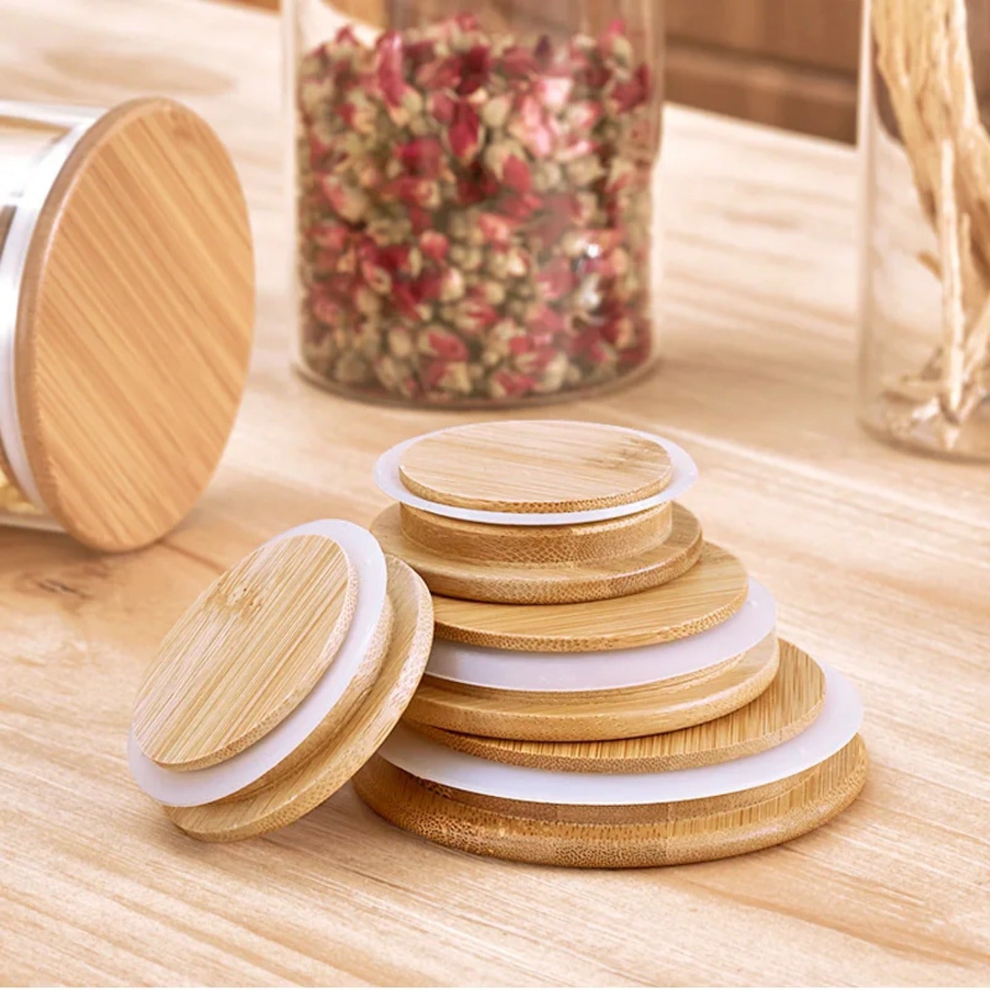 Lids Of Glass Storage Jars.