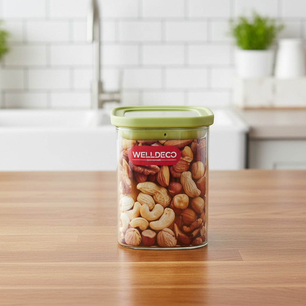 Glass Storage Rectangle Jar Filled with Nuts Kept  on a Table.