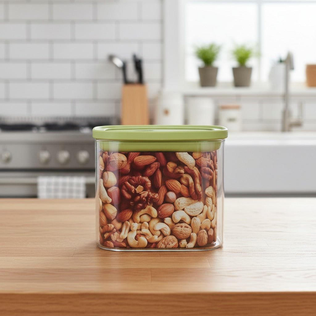 Glass Storage Rectangle Jar Filled with Nuts Kept  on a Table.