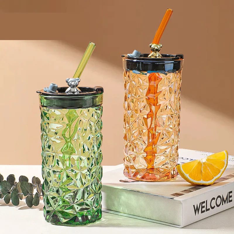 Drinking Glass Tumbler With Straw and Lid.