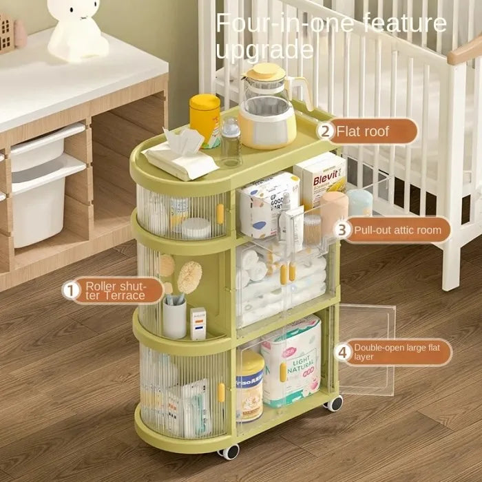Free Installation Multi-Layer Folding Trolley Storage Rack placed on the floor next to baby crib