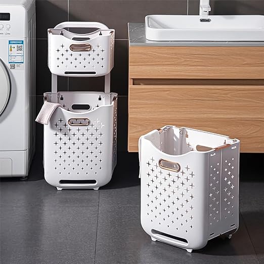 2 Tier Laundry Baskets with Wheels next to a washing machine