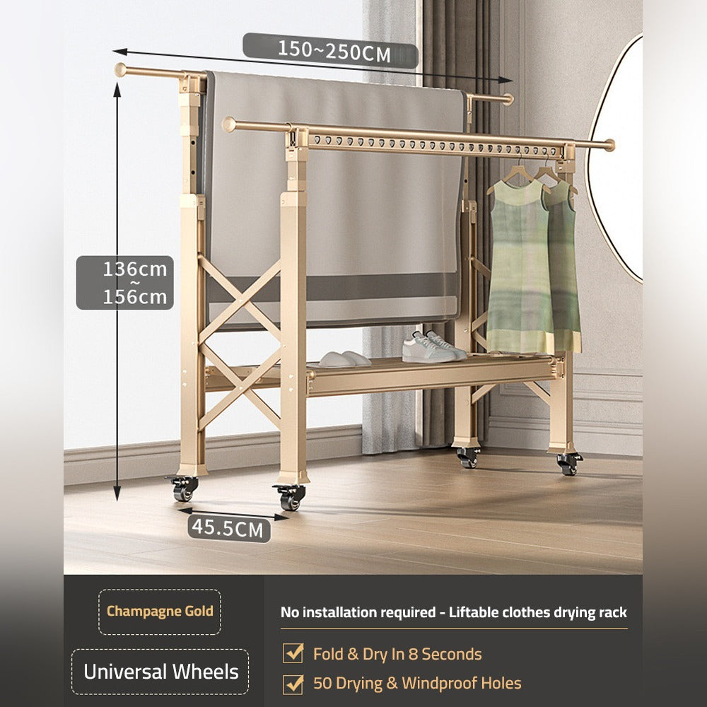 Double Rod Cloth Drying Stand With Cloths and Shoes are organized.