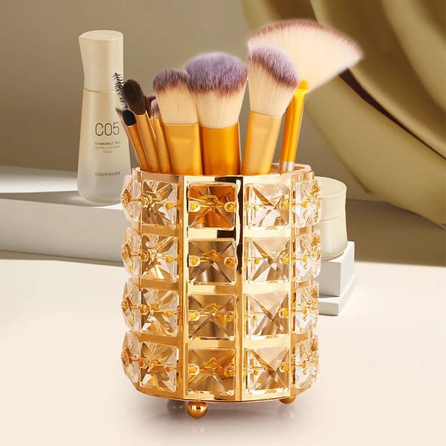 Gold Makeup Brush Holder Organizer With Makeup Brushes.