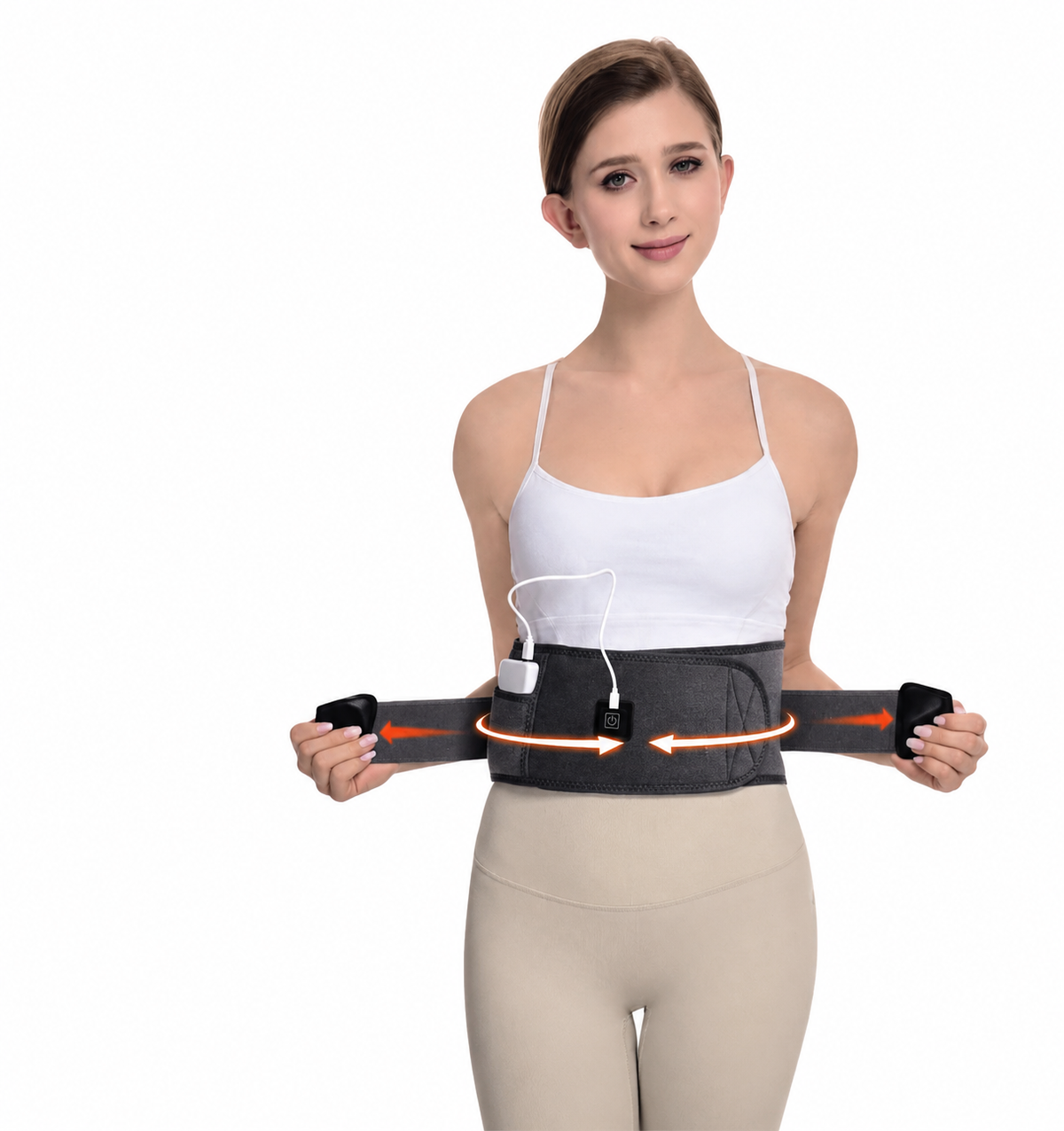 Woman wearing an Graphene Heating Waist Support Belt on a white background