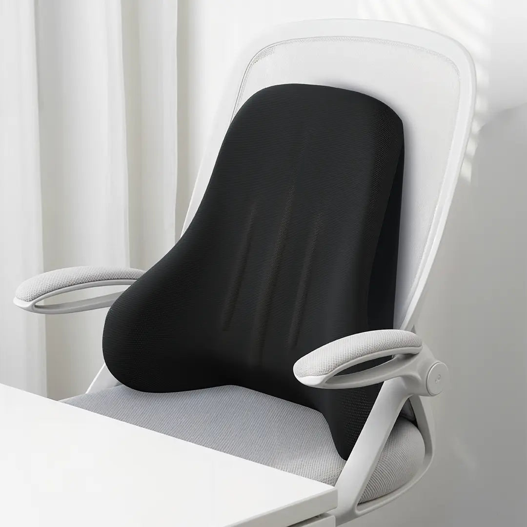 Green Lion Comfort Mate Seat Cushion on a white office chair with a white curtain background