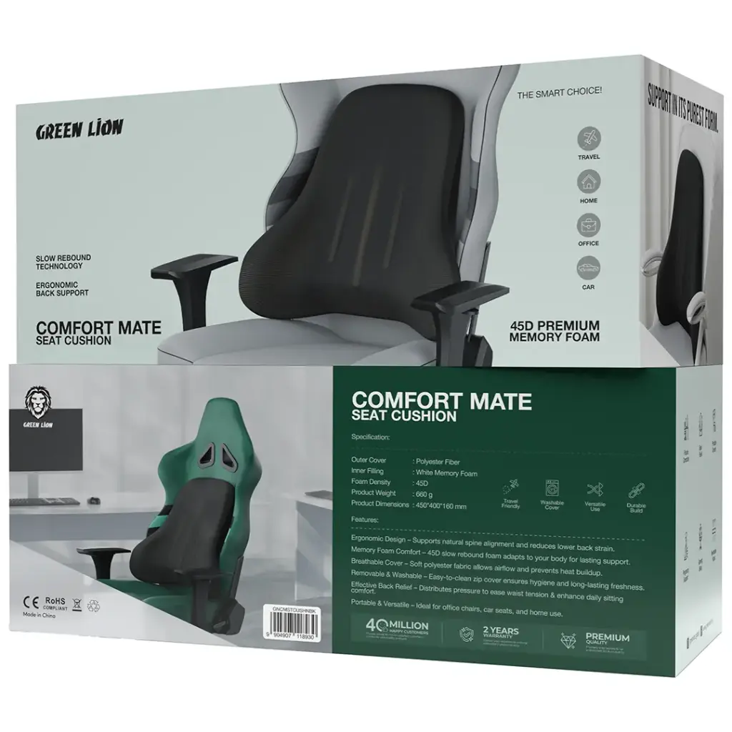 Green Lion Comfort Mate Seat Cushion packaging with cushion and chair illustration.