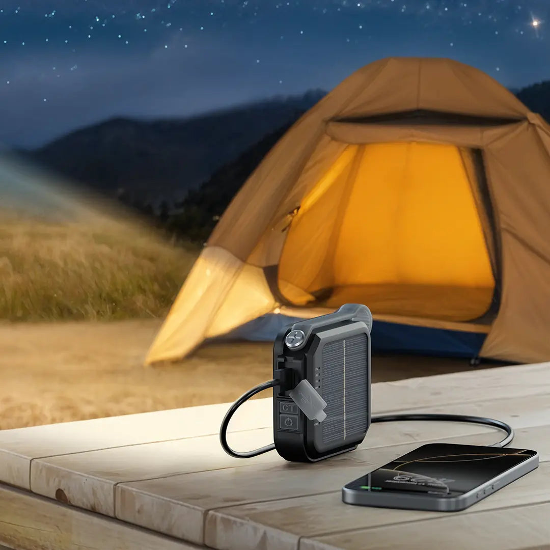 Green Lion Solar Lumix Portable LED Camping Light & Power Bank is connected to a mobile phone at a Camping Setup.