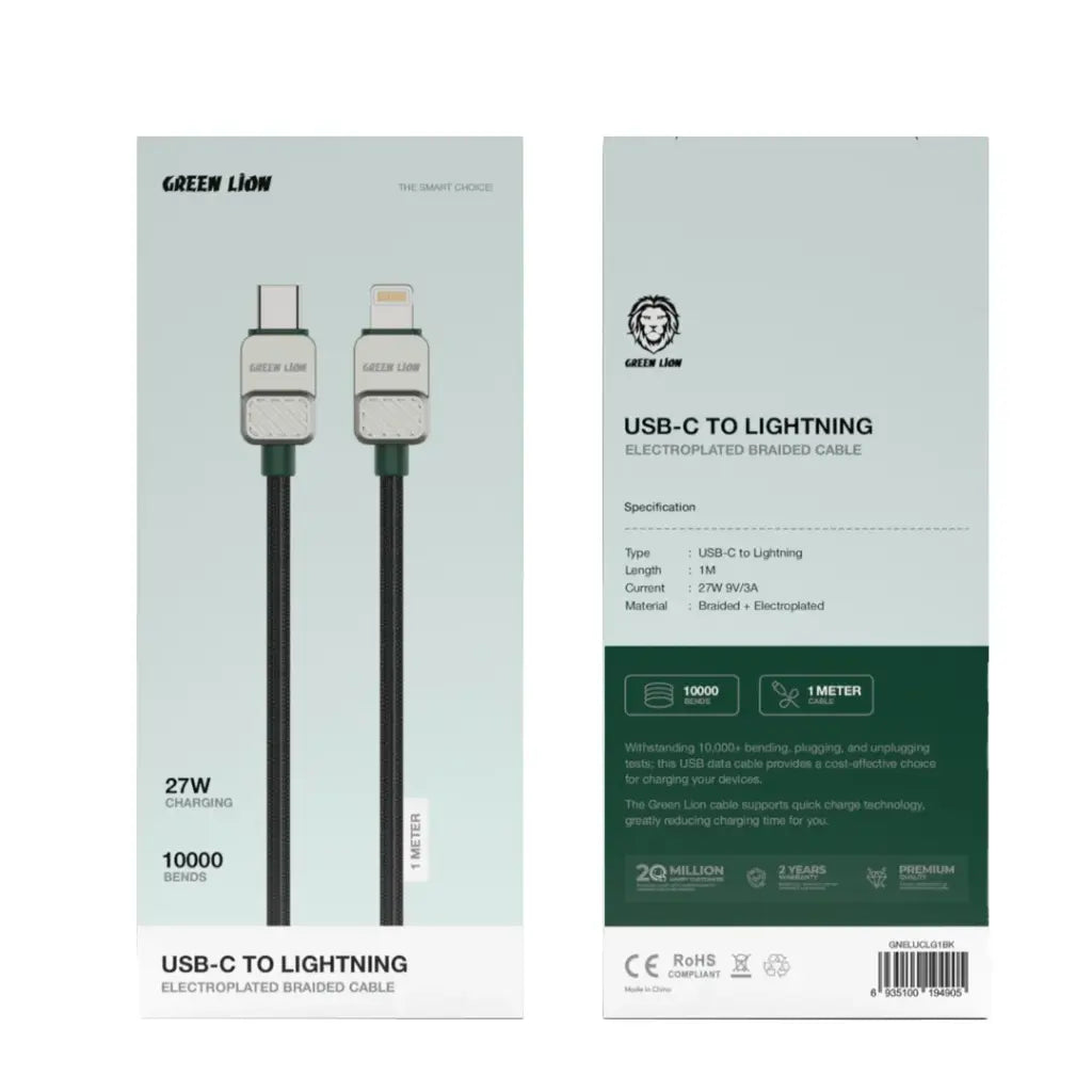 Front and back views of the GREEN LION USB-C to Lightning cable packaging box, showing the product image, specifications, and features on a white background.