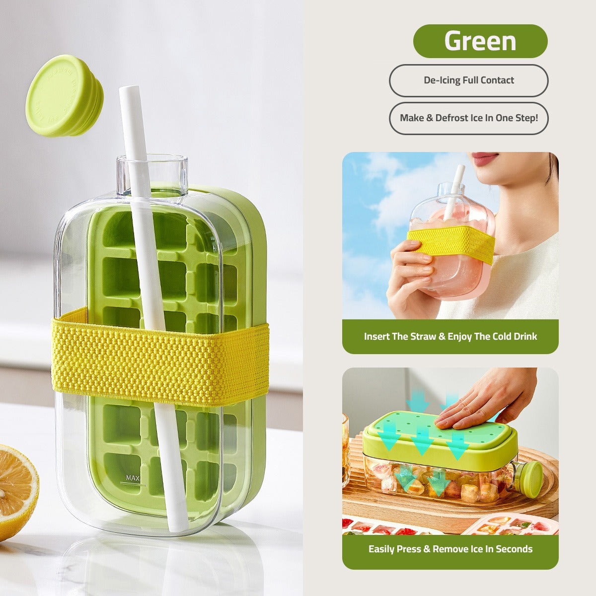 Green 2 in 1 Ice Cube Maker Water Bottle.