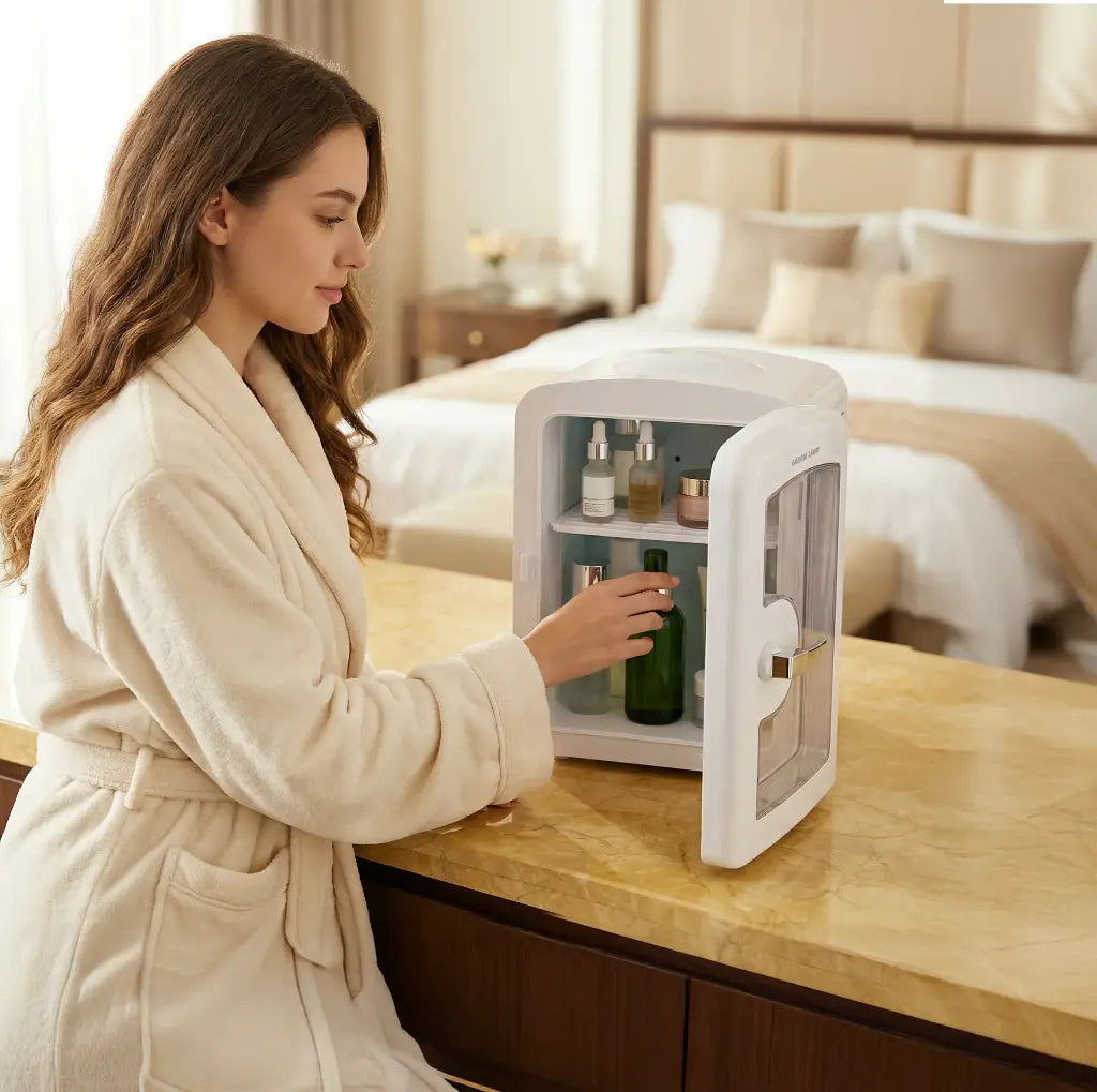 Woman in a robe interacting with a Green Lion 4L Mini Fridge on a nightstand in a bedroom.