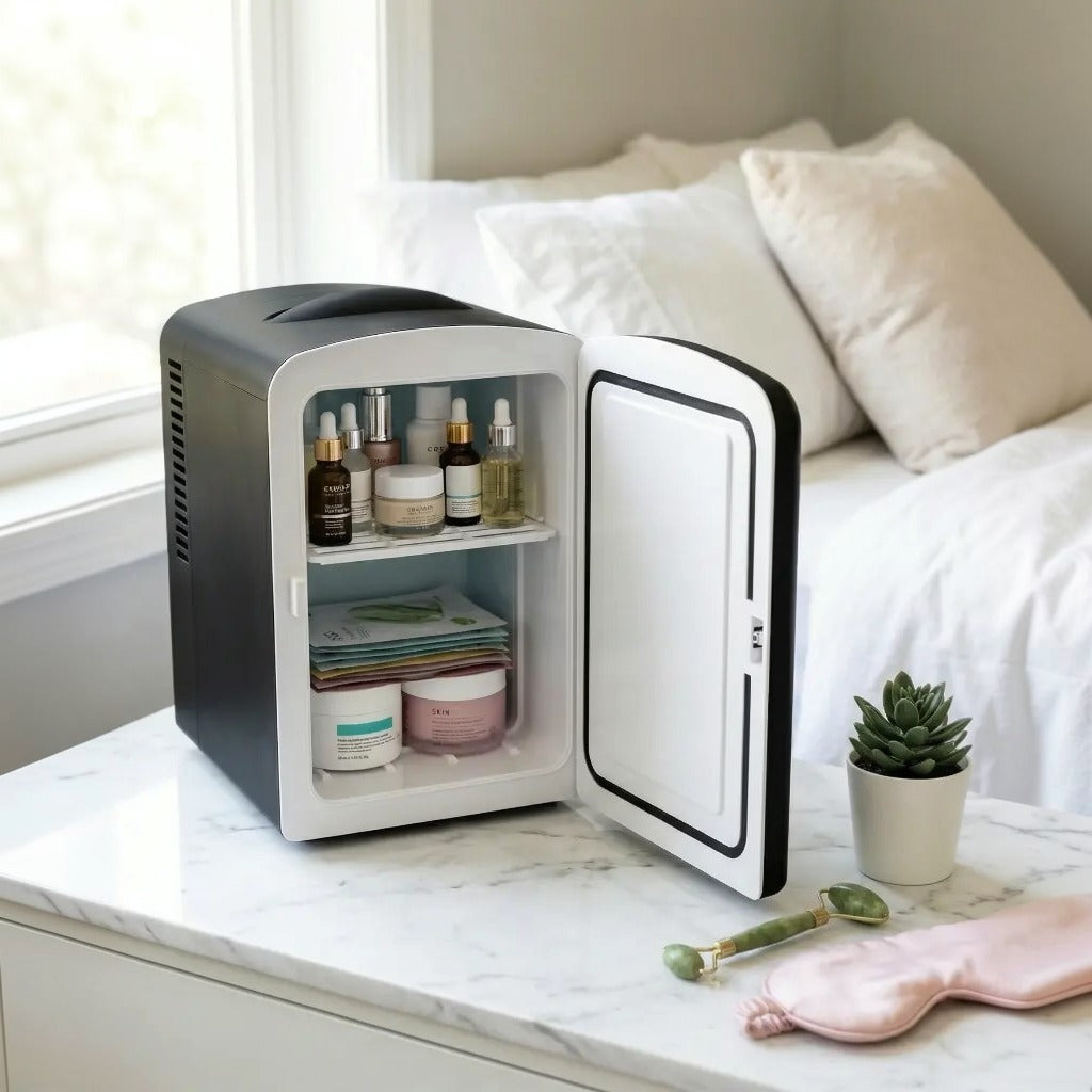 Green Lion 4L Mini Fridge on a marble surface with skincare products inside, next to a bed.