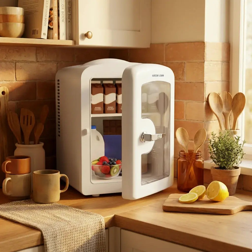 Green Lion 4L Mini Fridge on a kitchen counter with various items including cups, fruits, and utensils.