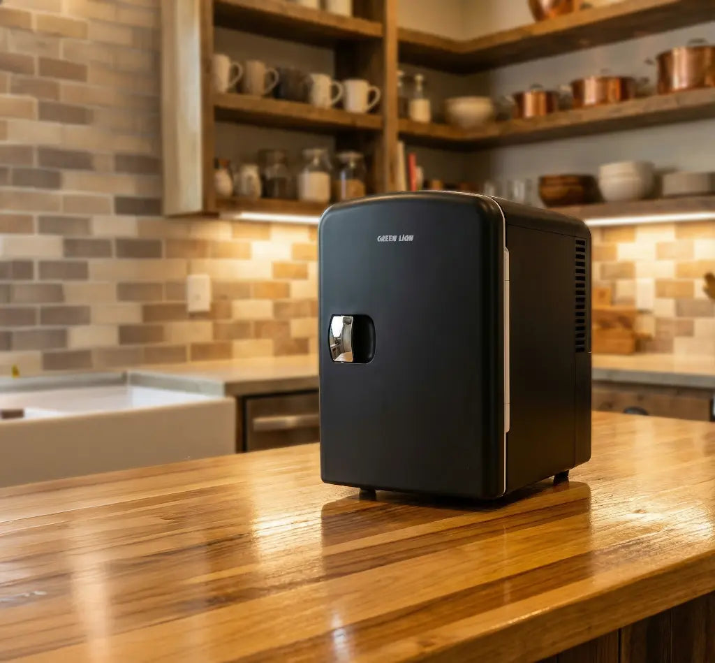Green Lion 4L Mini Fridge on a kitchen counter with shelves in the background