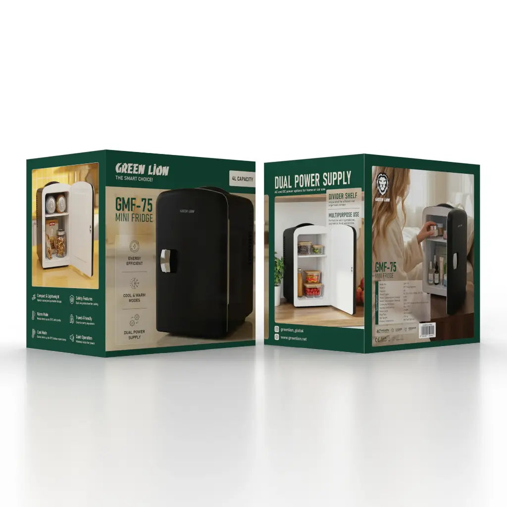 Green Lion mini fridge packaging with dual power supply feature on a white background