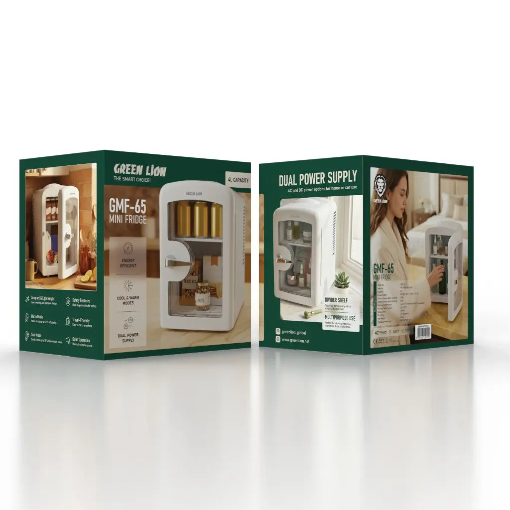 Green Lion mini fridge packaging on a white background