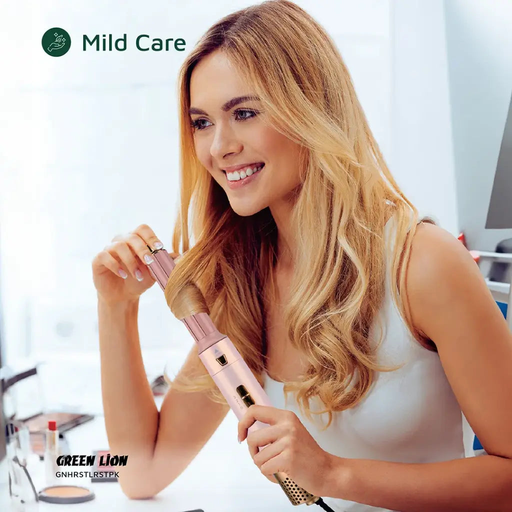 A Woman is Using Green Lion 5 - in -1 Professional Hair Styler for Styling Hair.