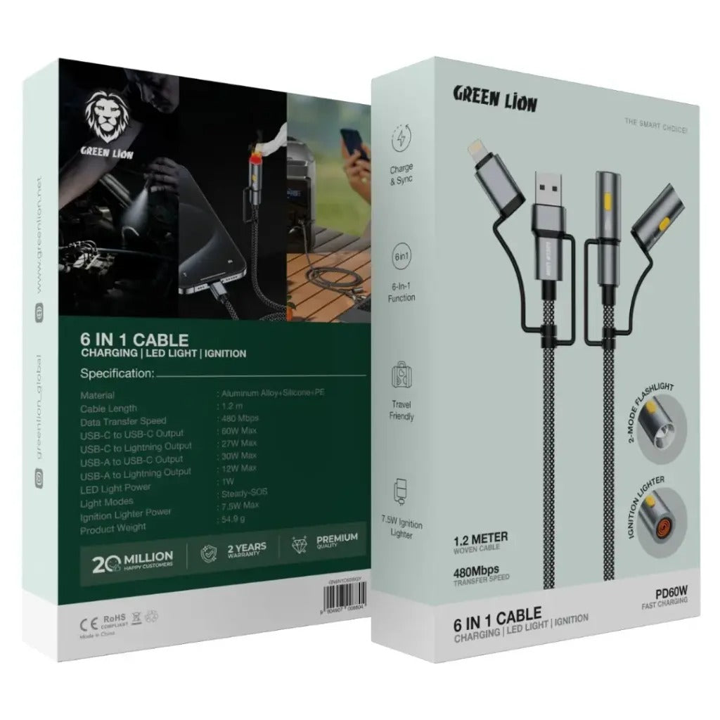 Green Lion Multi-Function 6-in-1 Cable, Fast Charging with LED Light, Ignition Feature Green Lion Multi-Function 6-in-1 Cable, Fast Charging with LED Light, Ignition Feature