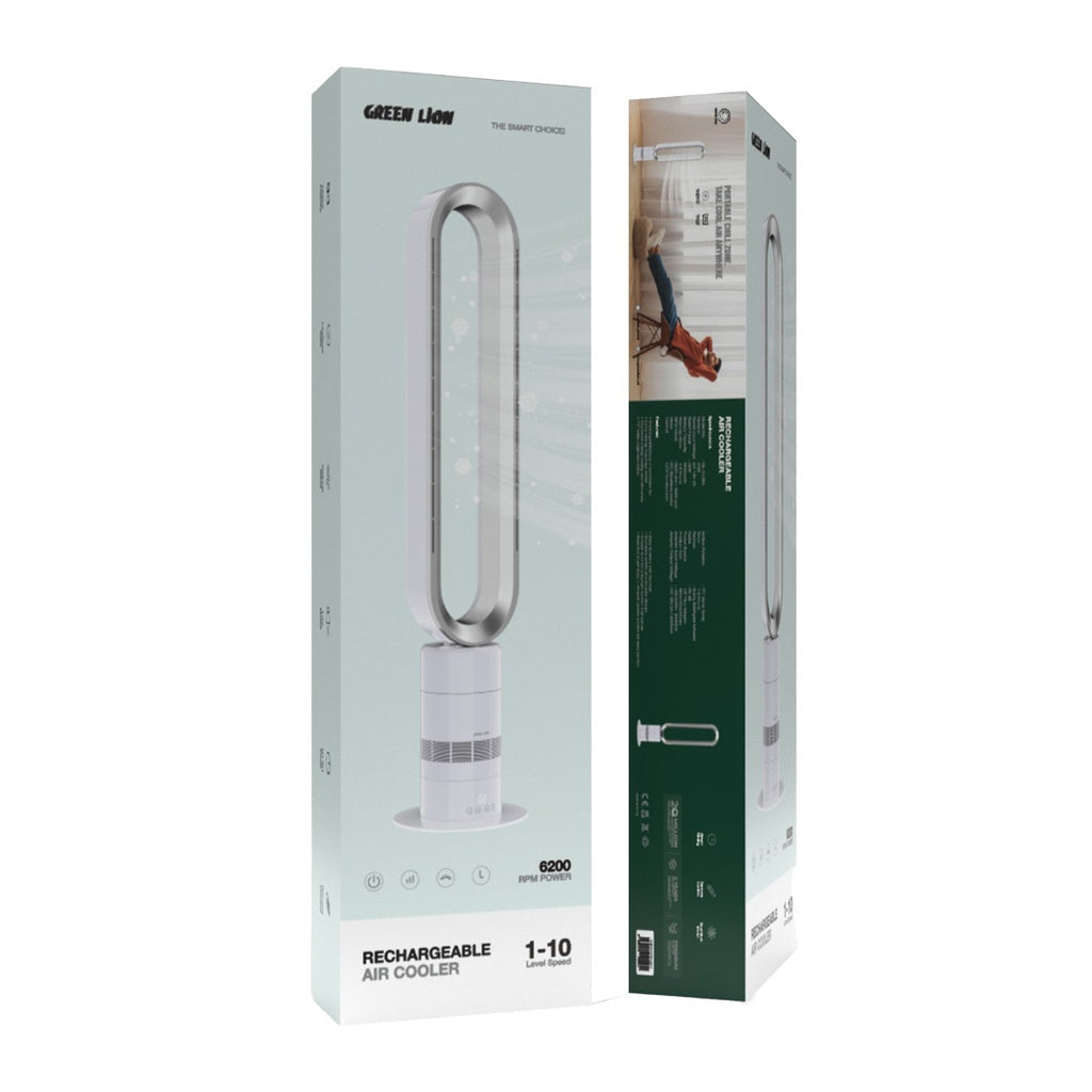 Green Lion Rechargeable Air Cooler packaging on a white background