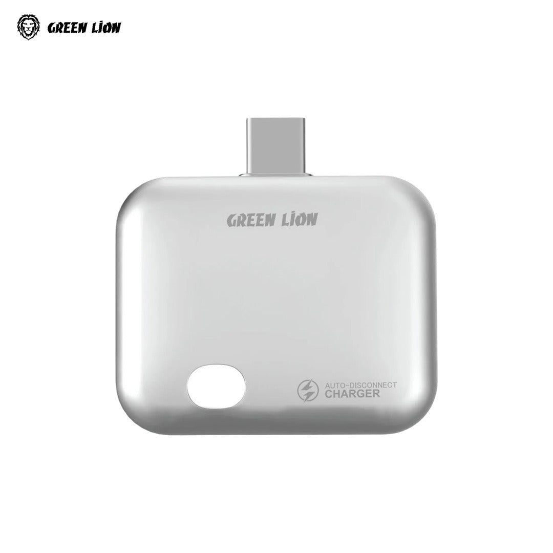 Green Lion Auto-Disconnect Smart Charger on a plain white background, with the brand logo also visible in the top-left corner.