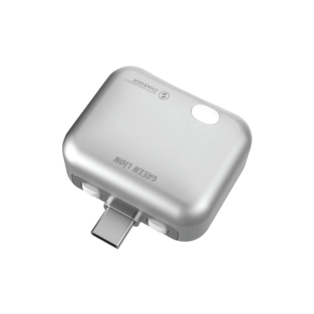 Green Lion Auto-Disconnect Smart Charger  with a metallic finish, featuring a USB-C connector extended, on a solid white background.
