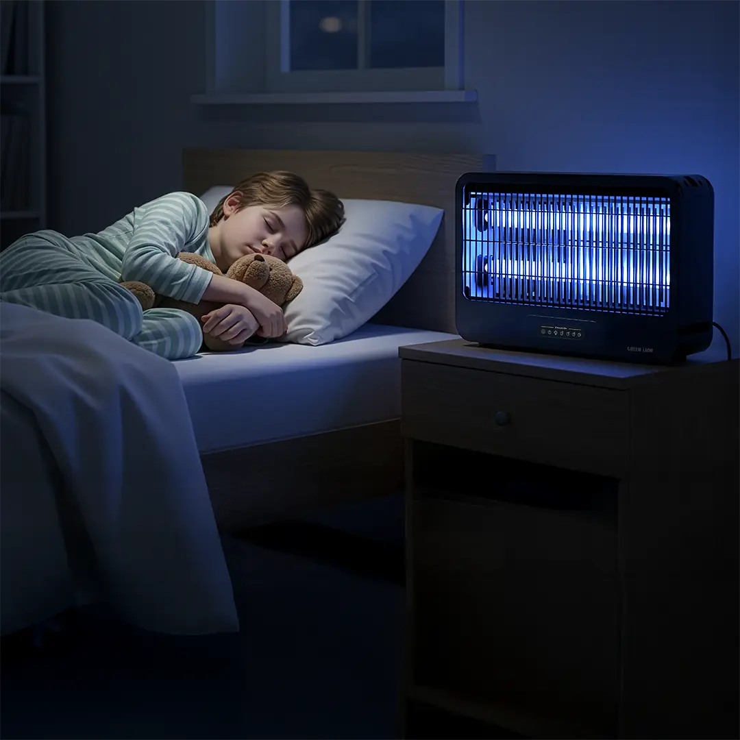 A Child is Sleeping Peacefully by Keeping Green Lion Barq Insect Killer Nearby.