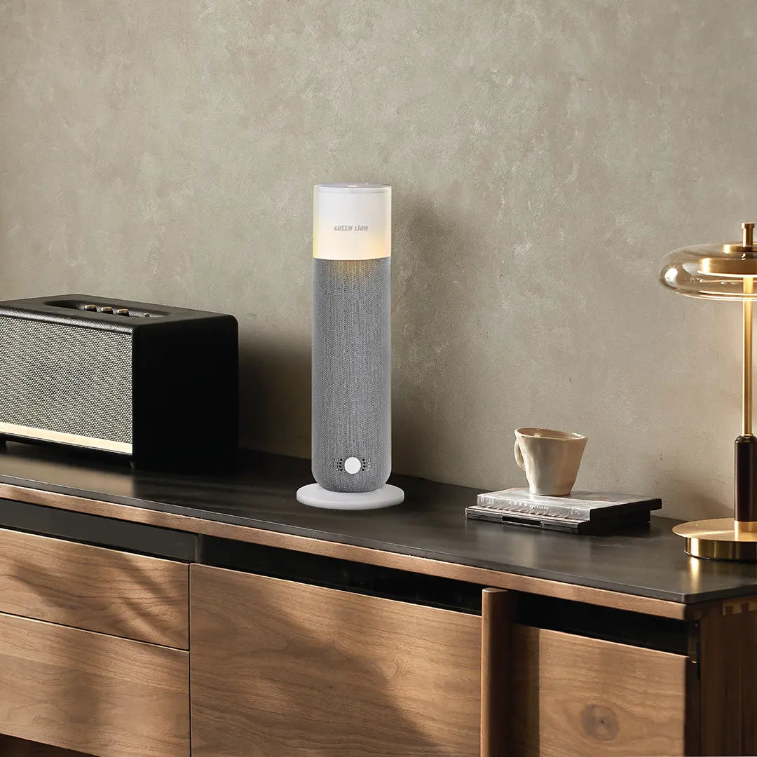 Green Lion Smart Bloom Aroma Diffuser  positioned on a sleek wooden credenza.