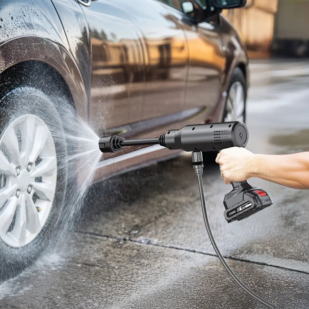 Someone is Washing Car Using Green Lion CX240 Cordless Pressure Wash Gun.