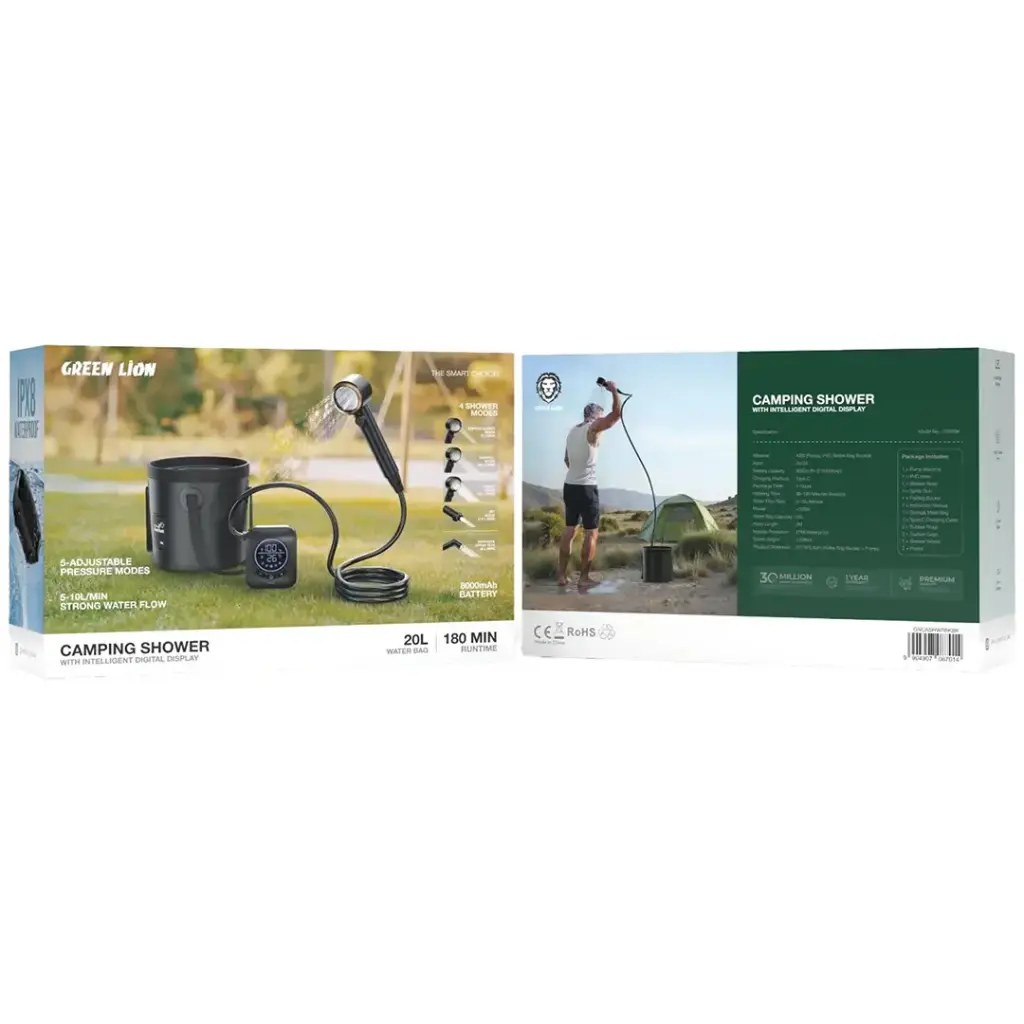 Green Lion Portable Camping Shower packaging with images of the product and user manual on a white background