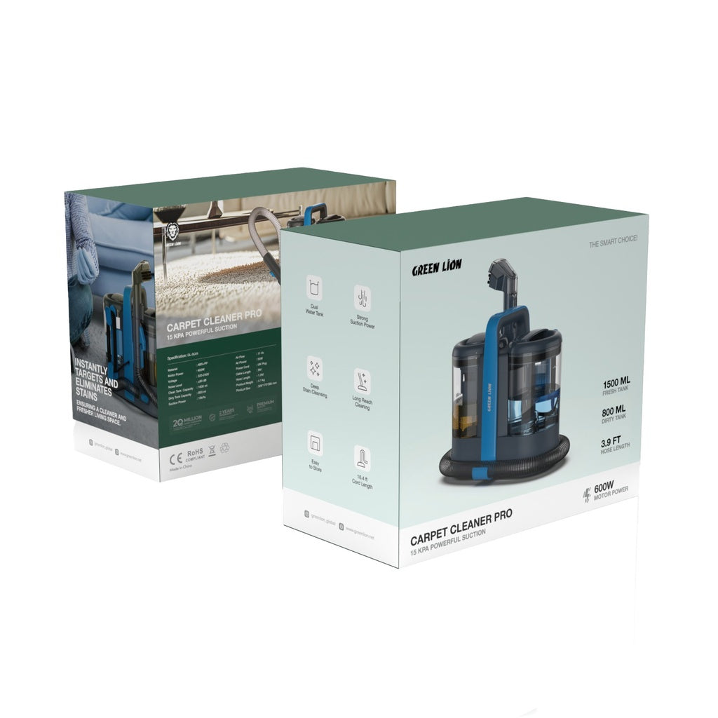 Box packaging of a Carpet Cleaner Pro by Green Lion on a white background