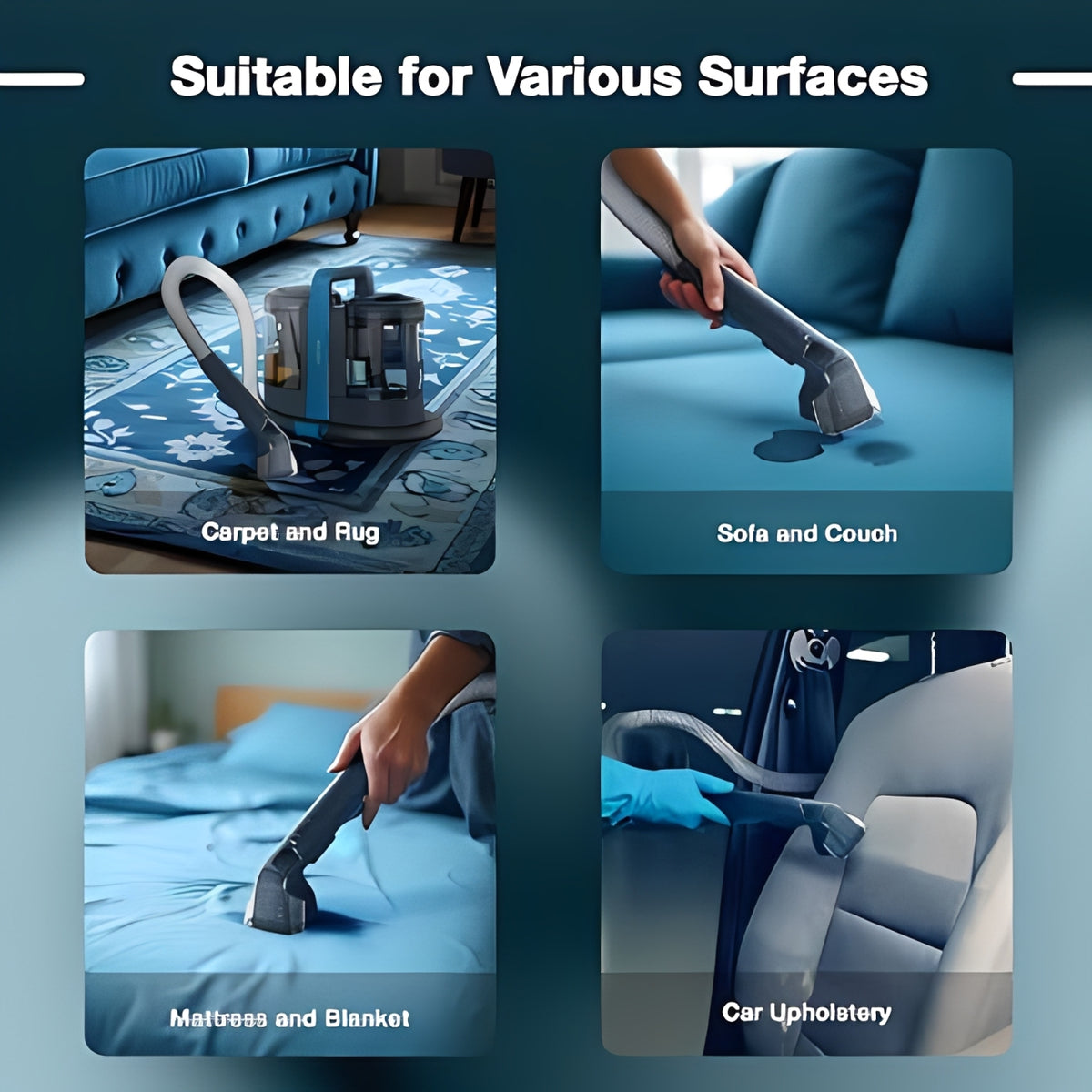 Green Lion Carpet Cleaner Pro is being used on various surfaces, including carpet, sofa, mattress, and car upholstery, with the text 'Suitable for Various Surfaces