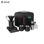 Green Lion V-60 Pro Coffee Maker Set with black case, coffee maker, cups, and scales on a white background.