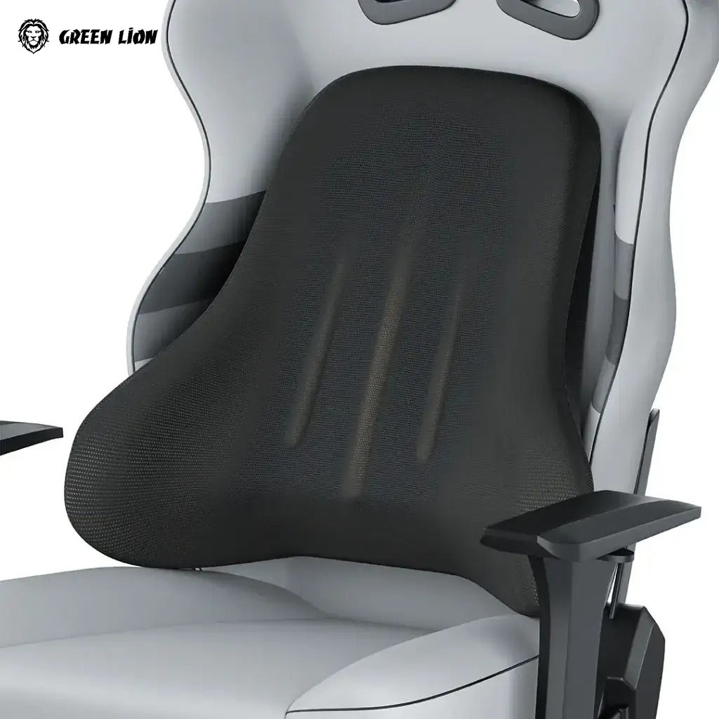 Ergonomic office chair with  Green Lion Comfort Mate Seat Cushion on a white background, featuring the Green Lion brand.