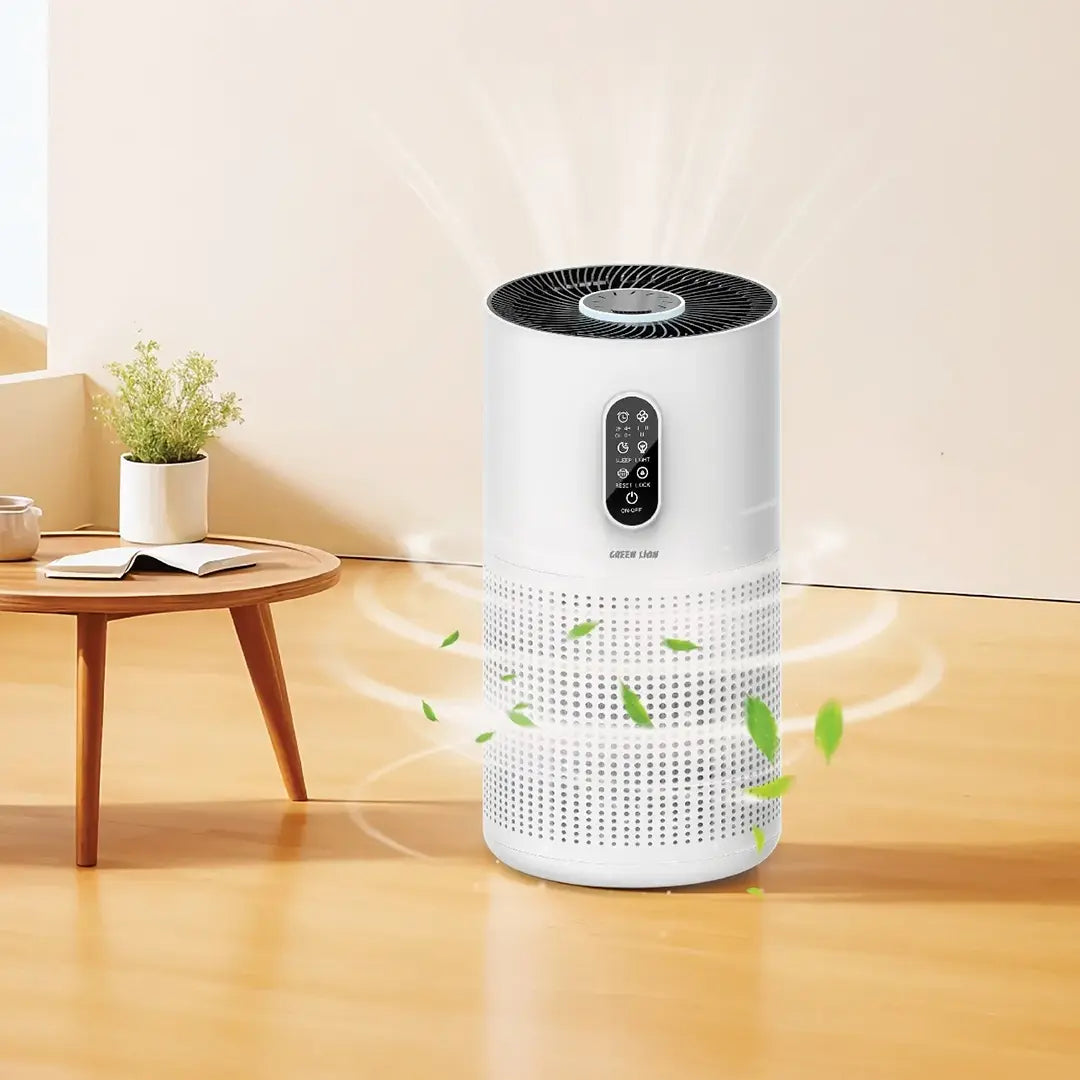 A Green Lion Compact Air Purifier  is  Kept at Living Area.