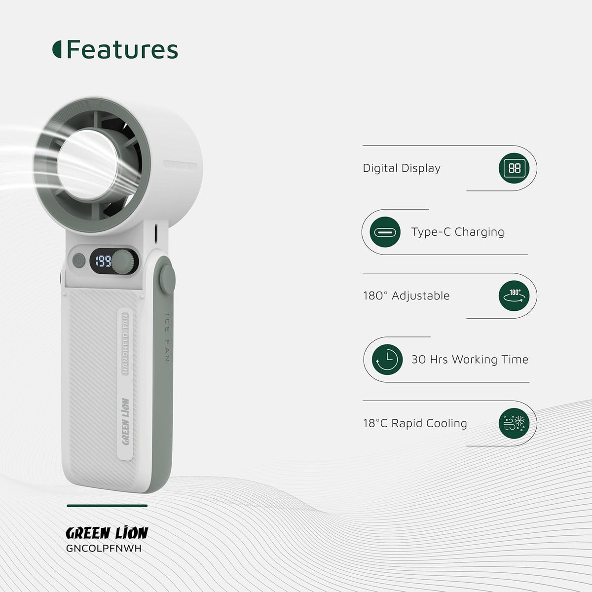 Green Lion Coolio Portable Handheld fan with features listed on a white background