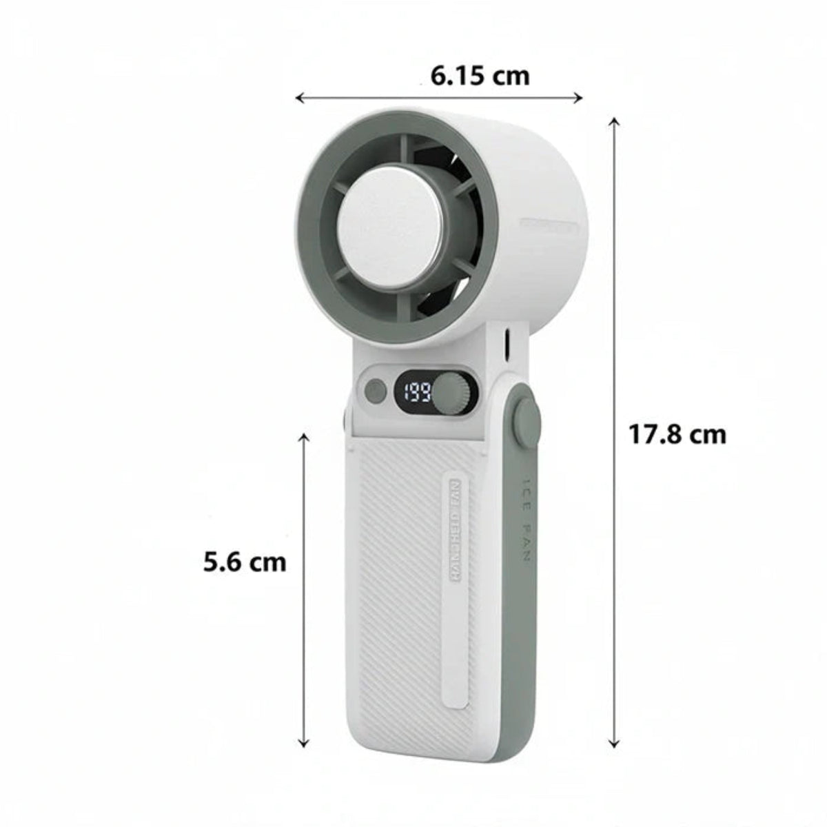 Green Lion Coolio Portable Fan with dimensions labeled on a white background