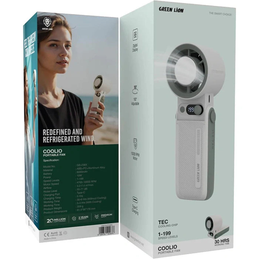 Green Lion Coolio Portable Fan, 10000RPM Rechargeable Handheld Cooling Fan - GB-236X Green Lion Coolio Portable Fan, 10000RPM Rechargeable Handheld Cooling Fan - GB-236X