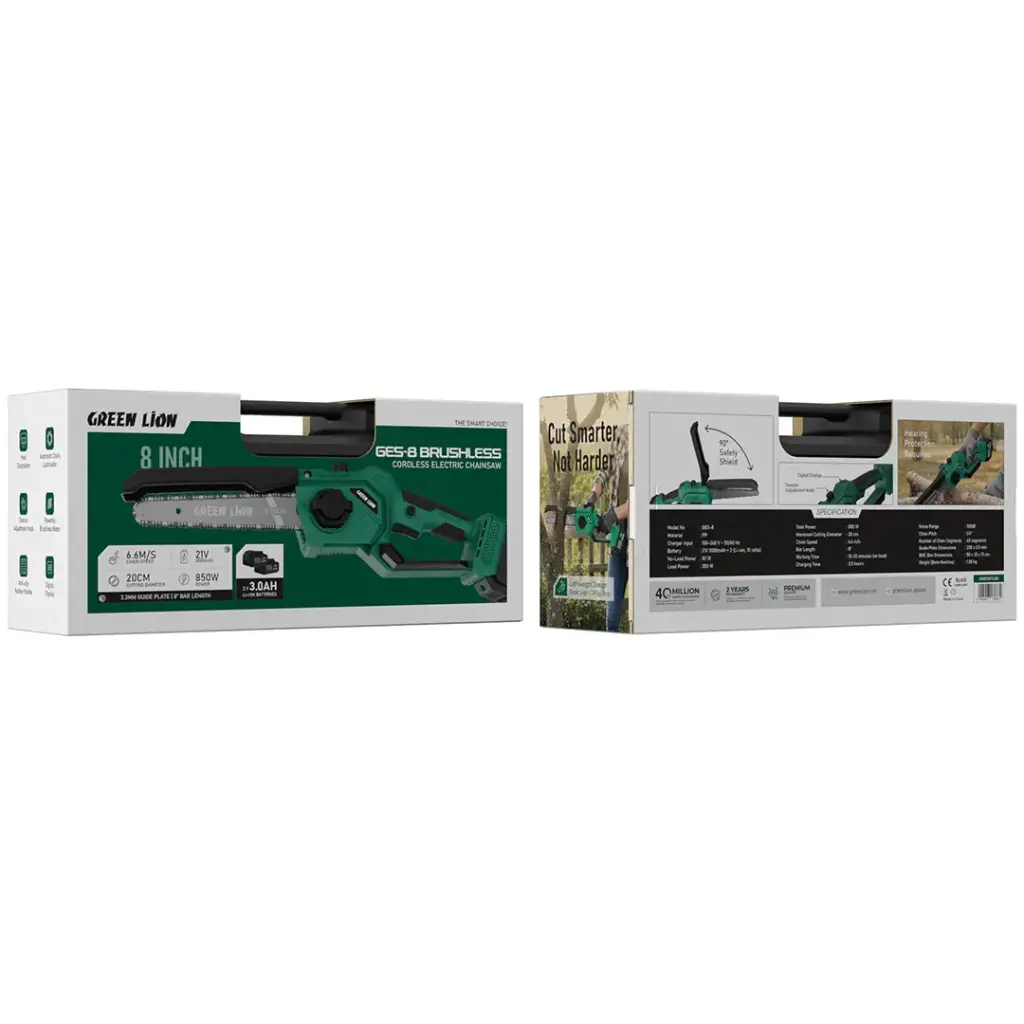 Two packaging boxes for a Green Lion Cordless Electric Chainsaw on a white background