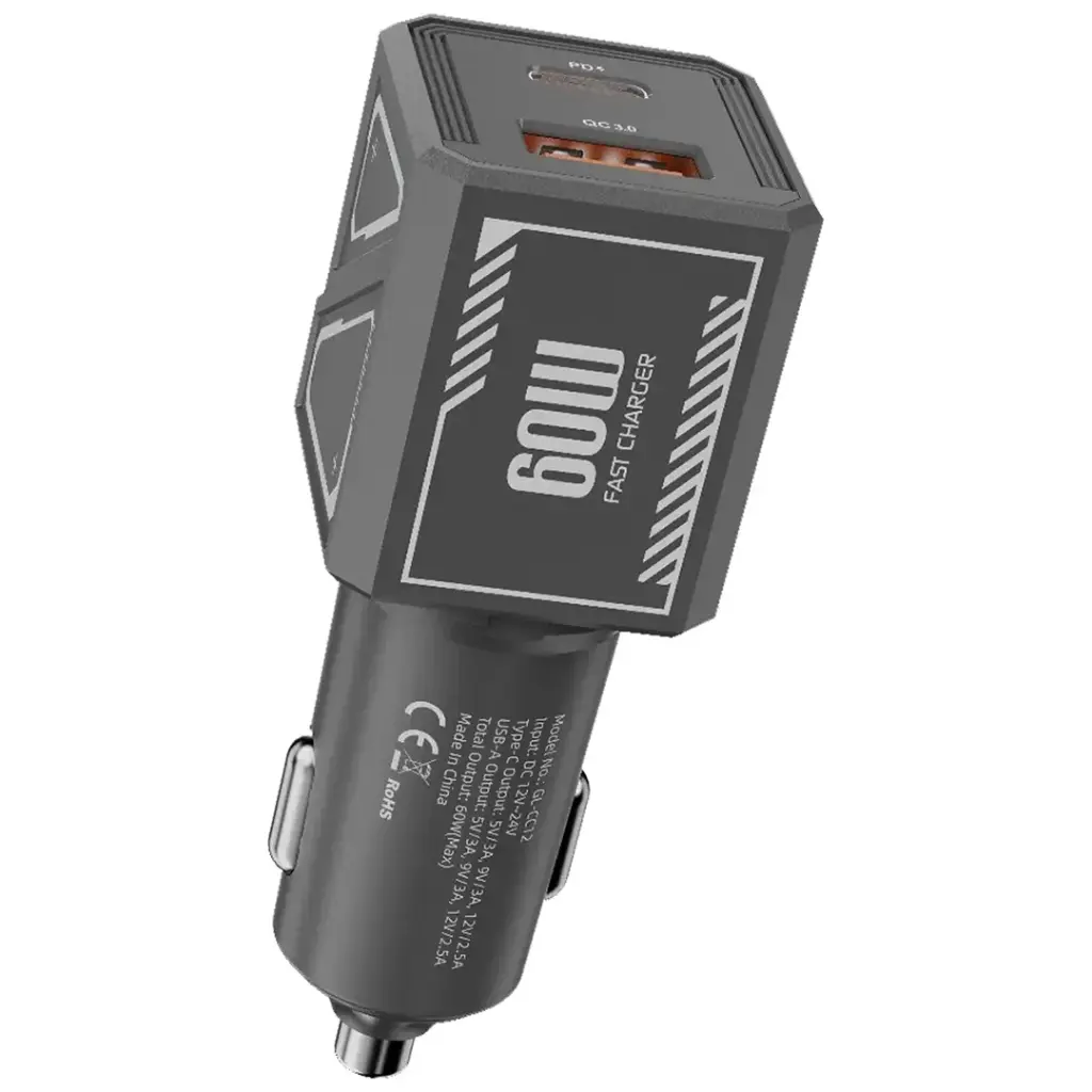 A Green Lion Dual Volt Car Charger.