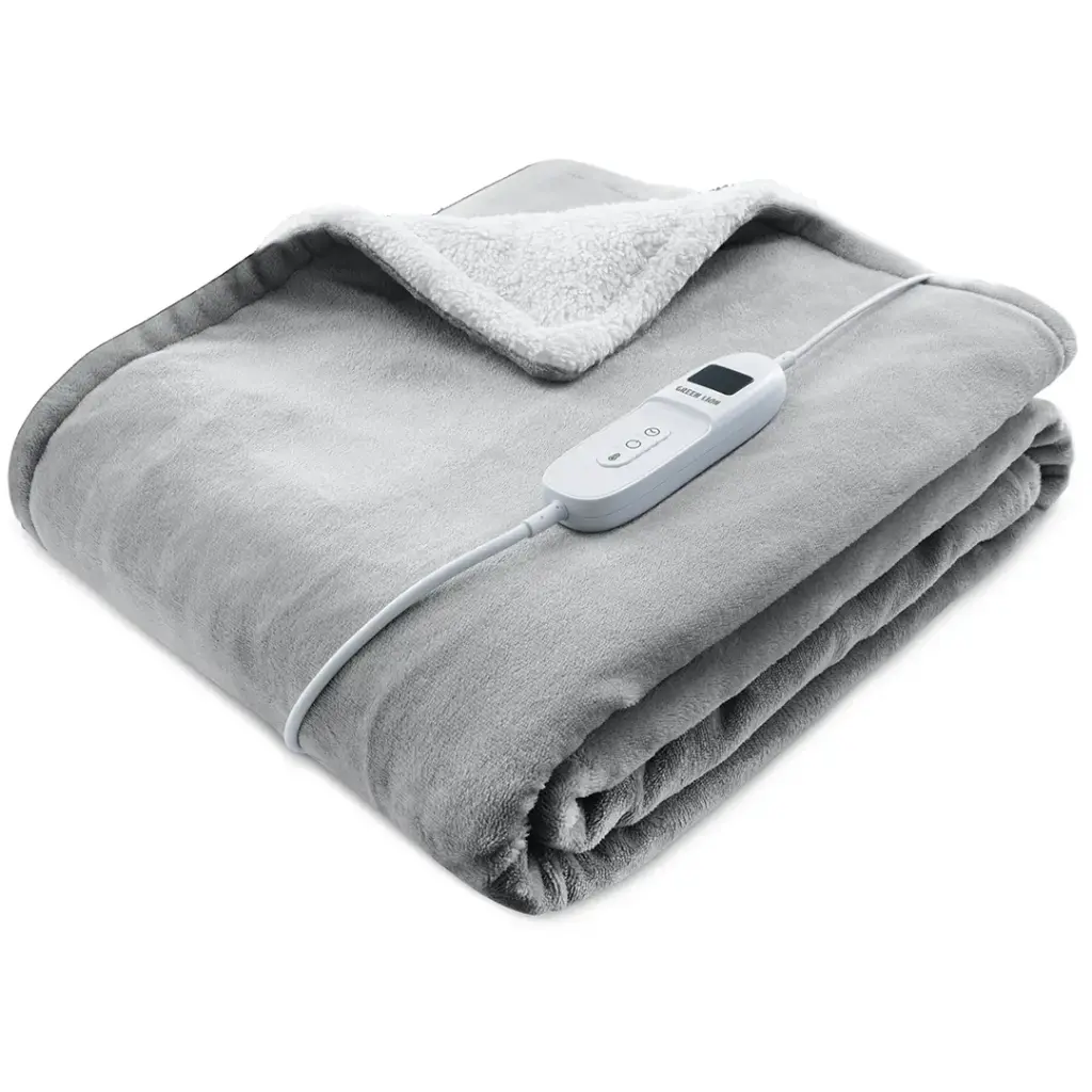 Folded Green Lion Electric Blanket  with a control panel on a white background