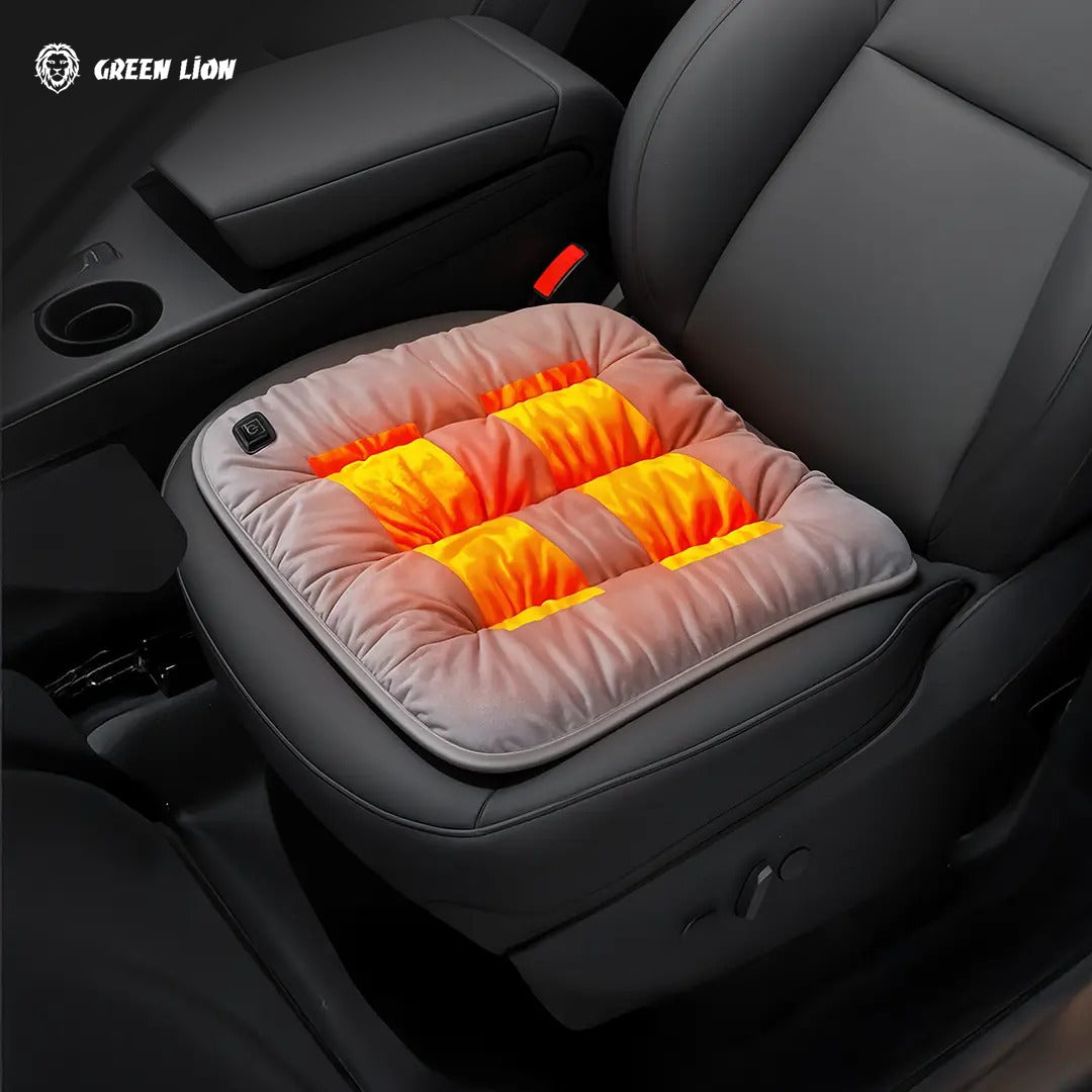 Green Lion Electric Heat Pad Heating Seat Cushion with visible brand 'Green Lion' on a car seat.