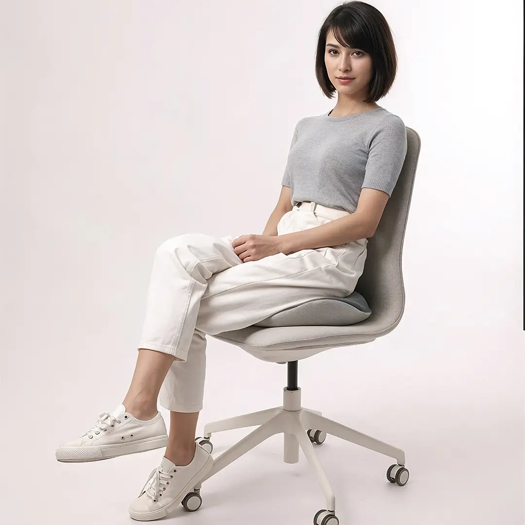 A person sitting at a desk using the Green Lion ErgoFlex Comfort Seat Cushion for ergonomic posture support and comfort.