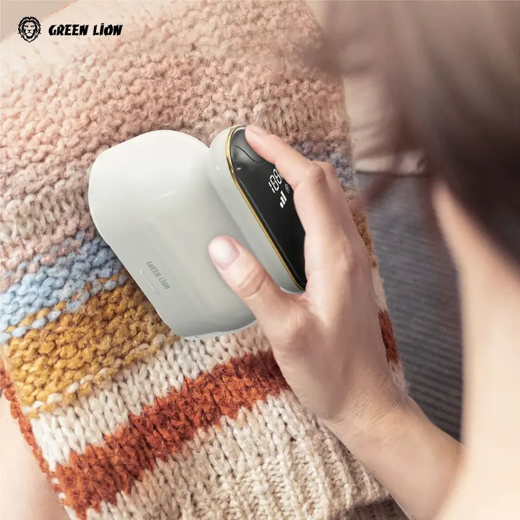 A person used the Green Lion DualPro Digital Fabric Remover, a smart lint remover designed to keep clothes and fabrics looking fresh and new.