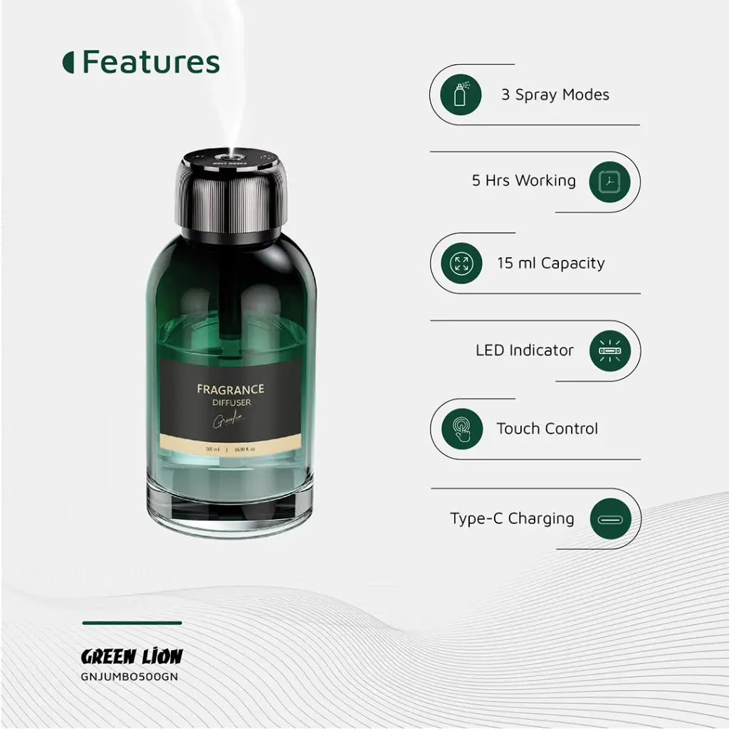 Green Lion Jumbo Fragrance Diffuser  with features listed on a white background